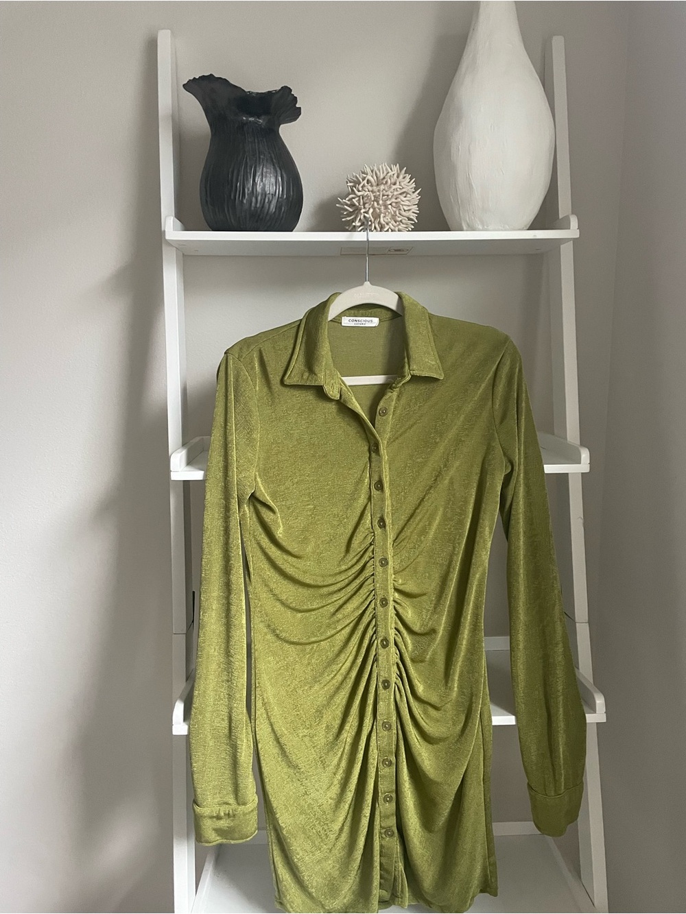 Ruched Button-Down Shirt Dress in Olive